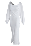 White Fashion Casual Solid Slit Square Collar Long Sleeve Dresses