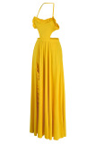 Yellow Sexy Solid Patchwork Backless Flounce Halter Long Dress Dresses