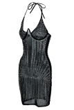 Black Fashion Sexy Patchwork Hot Drilling See-through Backless Halter Sling Dress