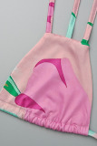 Pink Sexy Print Tassel Bandage Backless Halter One Step Skirt Dresses