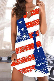 Red White Fashion Casual Print Hollowed Out O Neck Sleeveless Dress