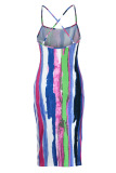 Blue Sexy Striped Print Patchwork Spaghetti Strap Sling Dress Dresses