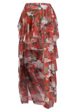 Red Fashion Sweet Print Patchwork Flounce Asymmetrical Straight Full Print Bottoms