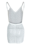 White Fashion Sexy Patchwork See-through Backless Beading V Neck Sling Dress Dresses