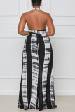Black Sexy Print Patchwork Backless Halter Straight Jumpsuits