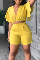 Yellow Casual Solid Patchwork Flounce V Neck Short Sleeve Two Pieces