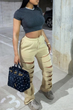 Khaki Casual Solid Ripped Loose High Waist Wide Leg Solid Color Bottoms