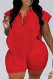 Red Fashion Casual Solid Patchwork Asymmetrical Turndown Collar Plus Size Two Pieces