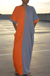 Orange Fashion Casual Solid Patchwork Contrast O Neck Short Sleeve Dress
