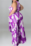 Purple Fashion Casual Print Patchwork O Neck Plus Size Jumpsuits