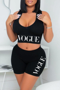 Black Sexy Casual Letter Print Basic V Neck Sleeveless Two Pieces