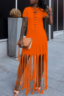 Orange Fashion Sexy Solid Tassel O Neck Short Sleeve Dress