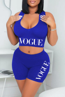 Blue Sexy Casual Letter Print Basic V Neck Sleeveless Two Pieces