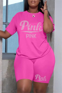 Pink Fashion Casual Letter Hot Drilling Patchwork O Neck Short Sleeve Plus Size Two Pieces