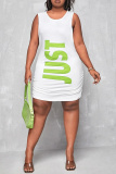 Green Fashion Casual Plus Size Letter Print Patchwork O Neck Sleeveless Dress