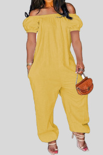 Yellow Casual Solid Patchwork Off the Shoulder Loose Jumpsuits