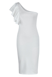 White Fashion Sexy Solid Patchwork Backless One Shoulder Evening Dress