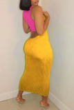 Yellow Sexy Solid Hollowed Out Patchwork Asymmetrical Pencil Skirt Dresses
