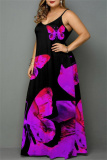 Purple Sexy Casual Plus Size Print Backless V Neck Sling Dress