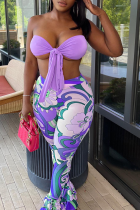 Purple Sexy Print Patchwork Halter Sleeveless Two Pieces