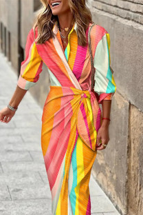 Orange Fashion Casual Print Bandage Patchwork Turndown Collar Long Sleeve Dresses
