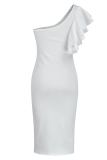 White Fashion Sexy Solid Patchwork Backless One Shoulder Evening Dress