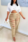 Khaki Fashion Casual Solid Tassel Ripped Hollowed Out Skinny High Waist Pencil Trousers