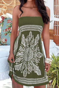 Army Green Vintage Print Patchwork Strapless Straight Dresses
