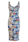 Multicolor Sexy Animal Print Patchwork Halter Pencil Skirt Dresses