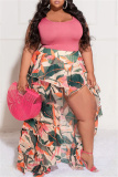 Pink Fashion Sexy Print Patchwork Asymmetrical O Neck Plus Size Two Pieces