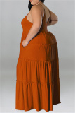 Caramel Colour Sexy Casual Plus Size Solid Patchwork Backless Spaghetti Strap Long Dress