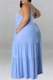 Light Blue Sexy Casual Plus Size Solid Patchwork Backless Spaghetti Strap Long Dress