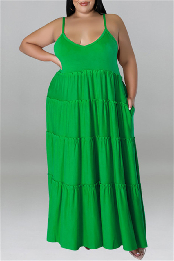 Green Sexy Casual Plus Size Solid Patchwork Backless Spaghetti Strap Long Dress