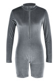 Grey Casual Solid Patchwork Zipper Collar Skinny Rompers