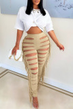 Khaki Sexy Solid Tassel Hollowed Out Patchwork High Waist Pencil Solid Color Bottoms