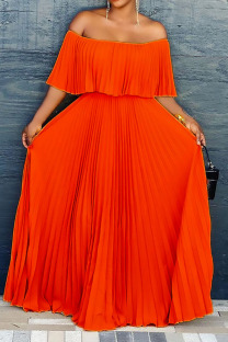 Tangerine Red Casual Elegant Solid Patchwork Fold Off the Shoulder Straight Dresses