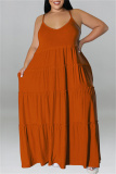 Caramel Colour Sexy Casual Plus Size Solid Patchwork Backless Spaghetti Strap Long Dress