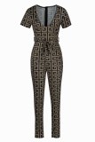 Black And White Fashion Casual Print Patchwork V Neck Jumpsuits