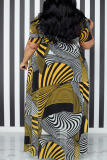 Yellow Fashion Print Patchwork Slit Asymmetrical O Neck A Line Plus Size Dresses
