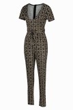 Brown Fashion Casual Print Patchwork V Neck Jumpsuits
