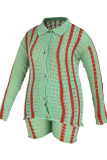 Green Fashion Casual Solid Patchwork Turndown Collar Long Sleeve Two Pieces