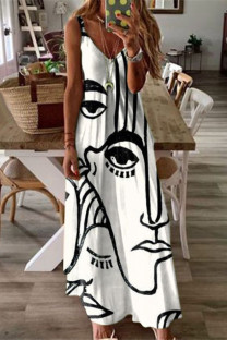 White Sexy Casual Print Backless V Neck Sling Dress