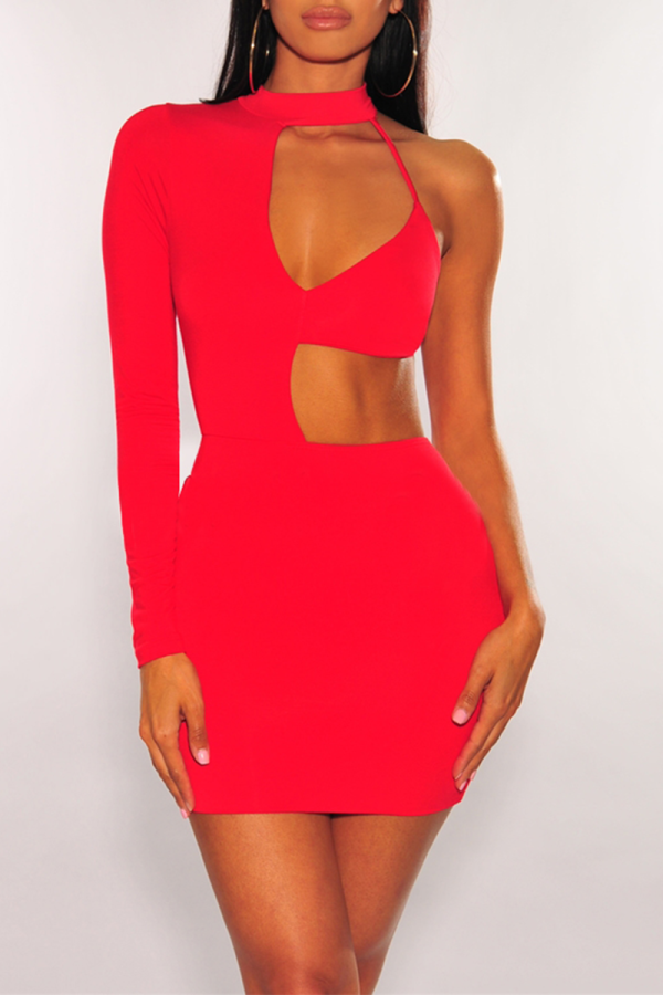 Red Sexy Solid Hollowed Out Half A Turtleneck Pencil Skirt Dresses
