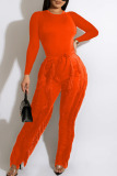 Orange Fashion Casual Solid Tassel Patchwork O Neck Long Sleeve Two Pieces