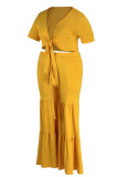 Yellow Casual Solid Bandage Patchwork V Neck Plus Size Two Pieces