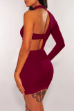 Red Sexy Solid Hollowed Out Half A Turtleneck Pencil Skirt Dresses