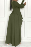 Army Green Fashion Casual Print Asymmetrical O Neck Plus Size Two Pieces