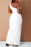 White Fashion Sexy Solid Patchwork Backless Slit One Shoulder Sleeveless Dress Dresses