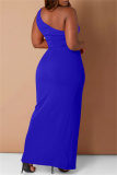 Blue Fashion Sexy Solid Patchwork Backless Slit One Shoulder Sleeveless Dress Dresses