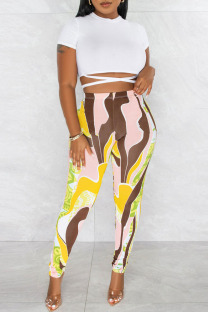 White Sexy Print Patchwork O Neck Short Sleeve Two Pieces